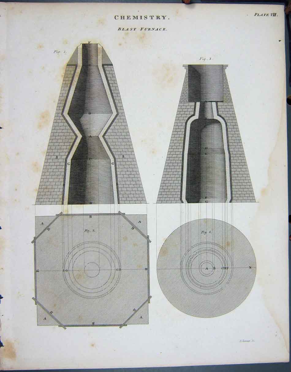 Original Old Antique Print Ref.808 C1790-C1900 Chemistry Blast Furnace Works
