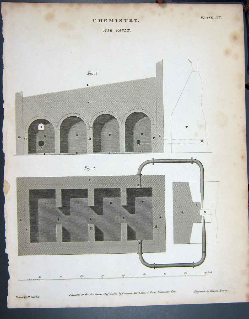 Original Old Antique Print 1805 Chemistry Air Vault Mushet Lowry 19th Century