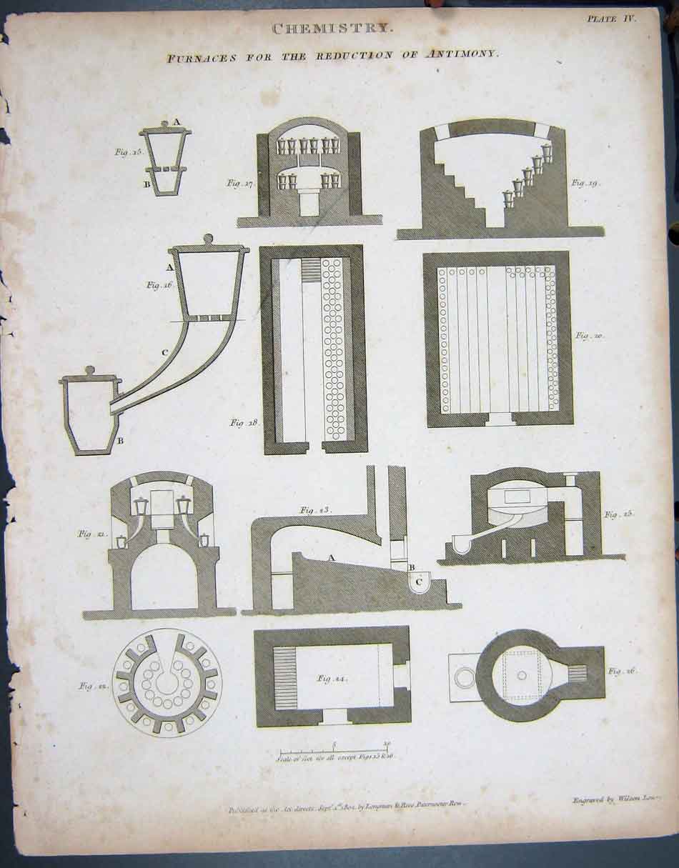 Original Old Antique Print *3204 1802 Chemistry Furnaces Antimony Lowry