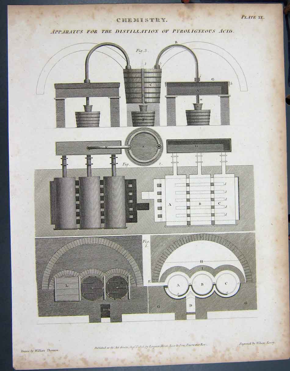 Original Old Antique Print 1805 Chemistry Distillation Pyroligneous Lowry 19th