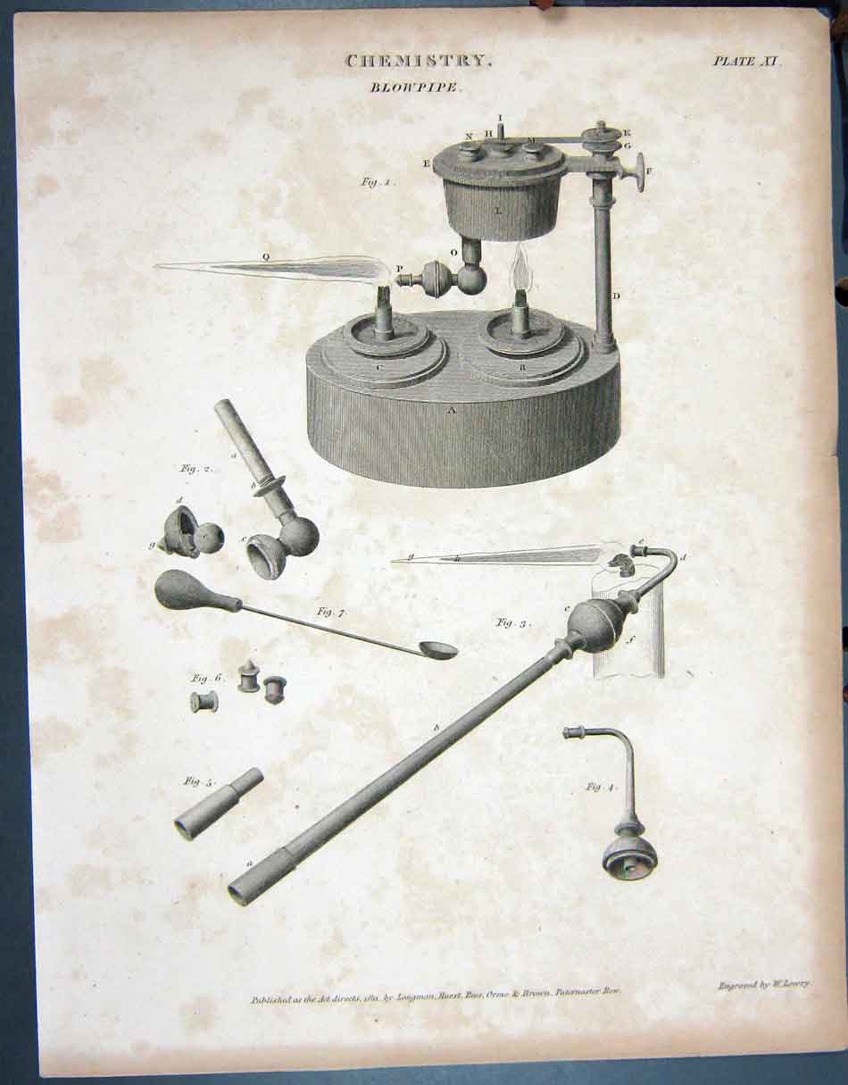 Original Old Antique Print Ref.811 1811 Chemistry Blowpipe Instruments Lowry