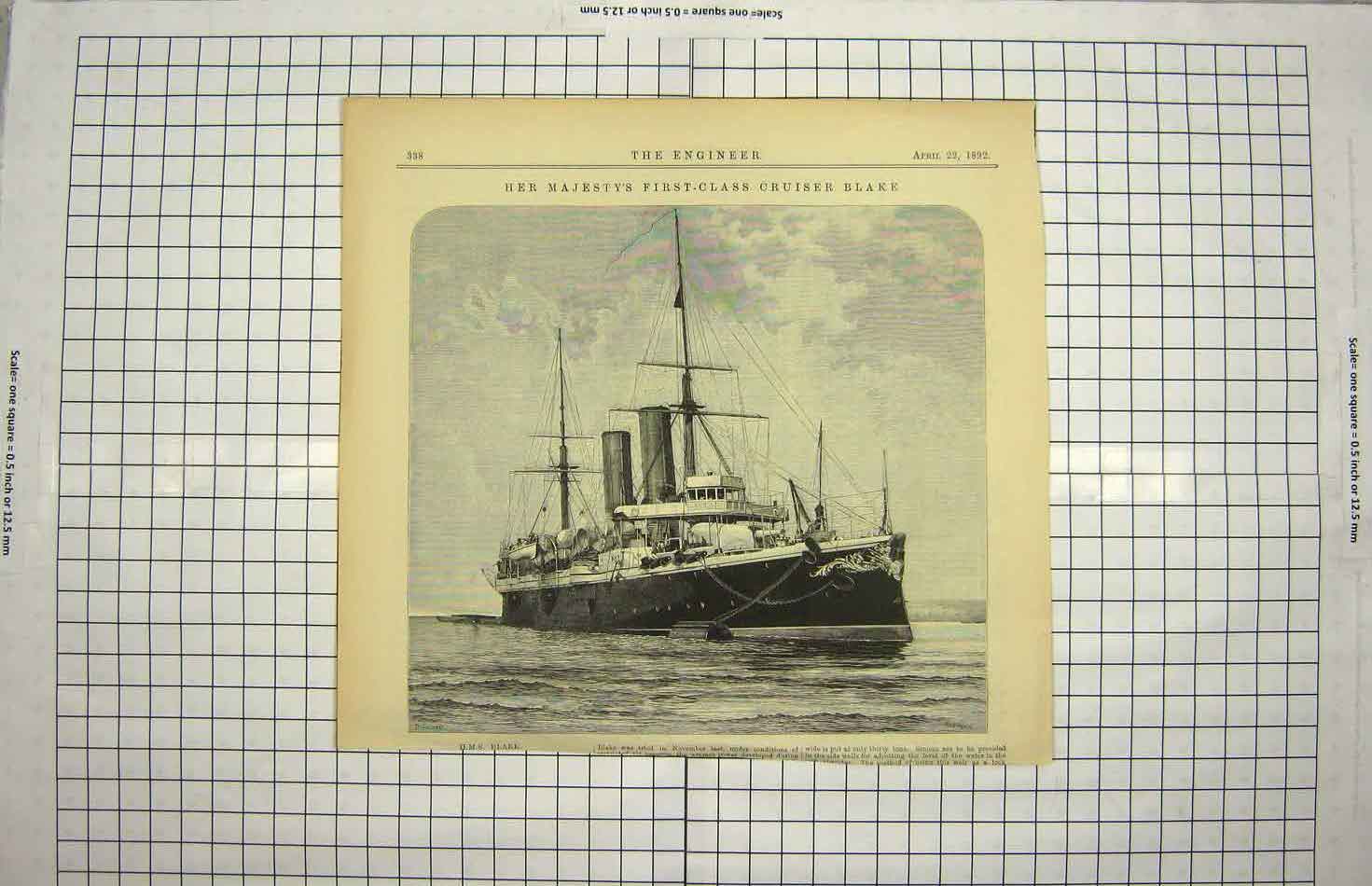 Original Old Antique Print 1892 Queen First-Class Cruiser Ship Blake Victorian