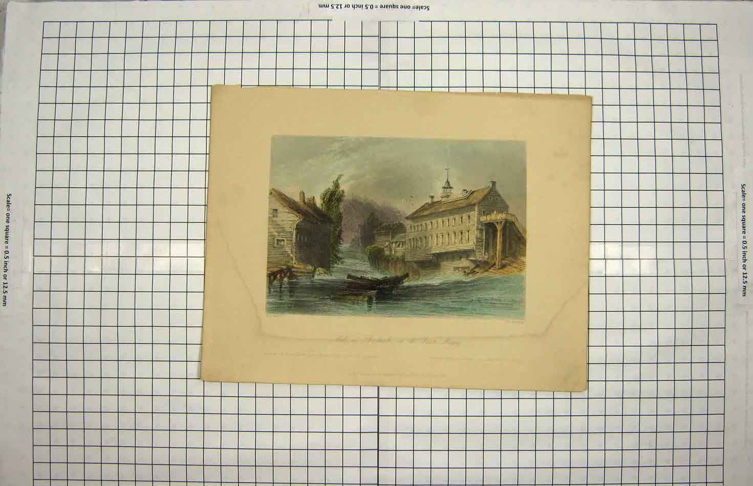 Original Old Antique Print Ref.797 1840 Mills Sherbrooke River Magog Canada