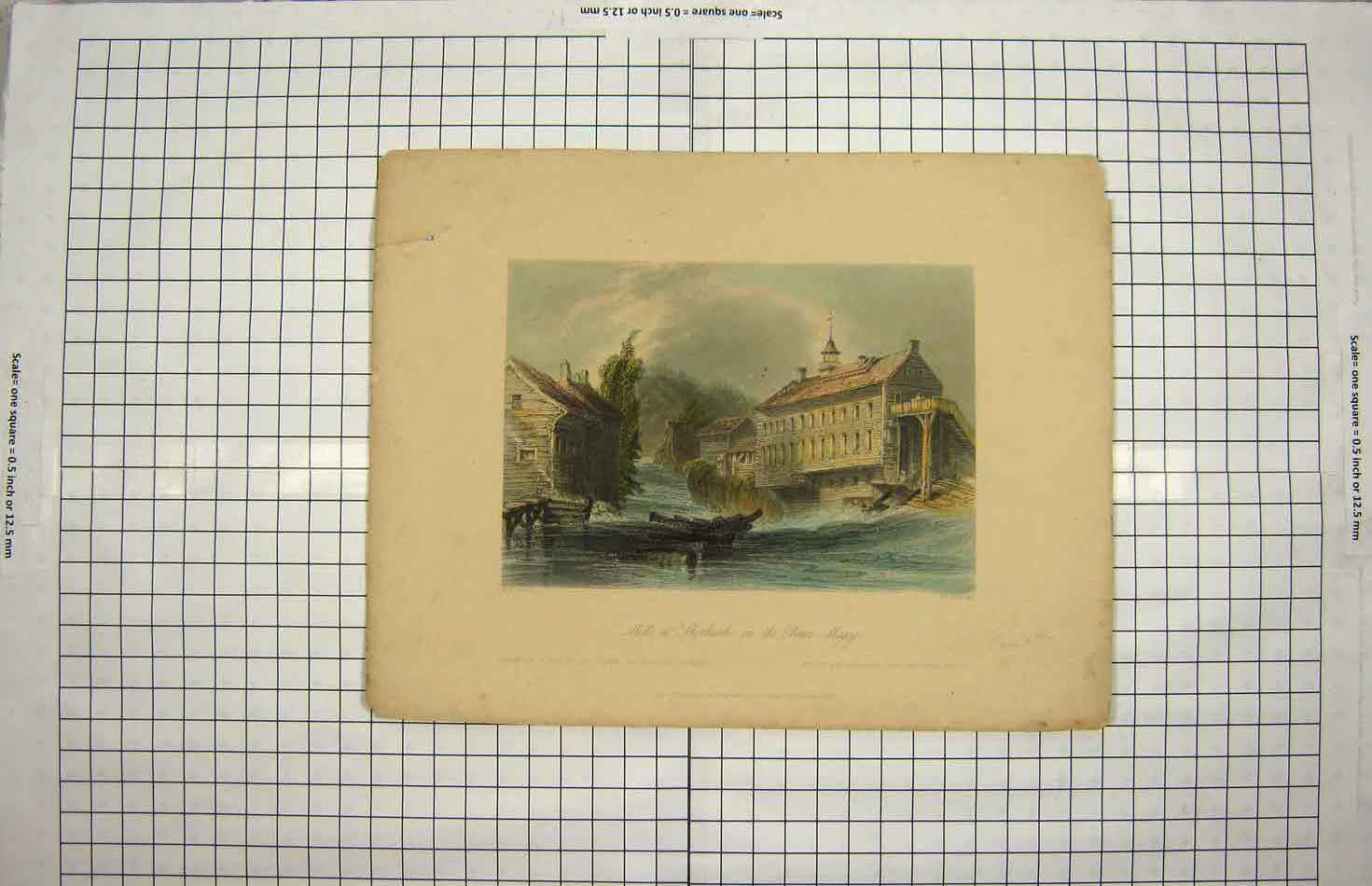 Original Old Antique Print Colour 1840 Mills Sherbrooke River Magog Victorian