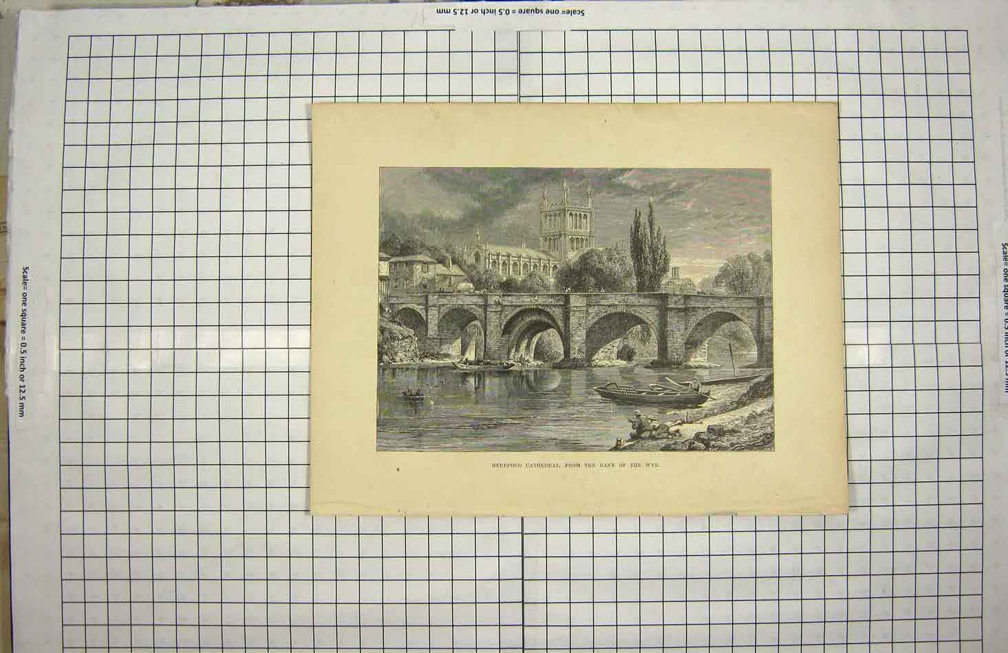 Original Old Antique Print C1790-C1900 Hereford Cathedral River Wye 18th