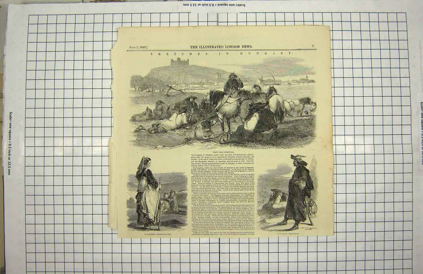 Original Old Antique Print 1849 Hungary Presburg Shepherds Water-Carrier 19th