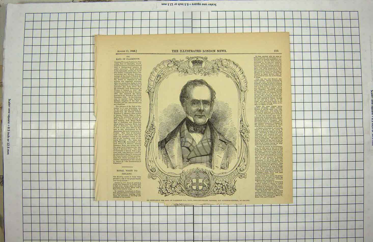 Original Old Antique Print 1849 Earl Clarendon Governor-General Ireland 19th