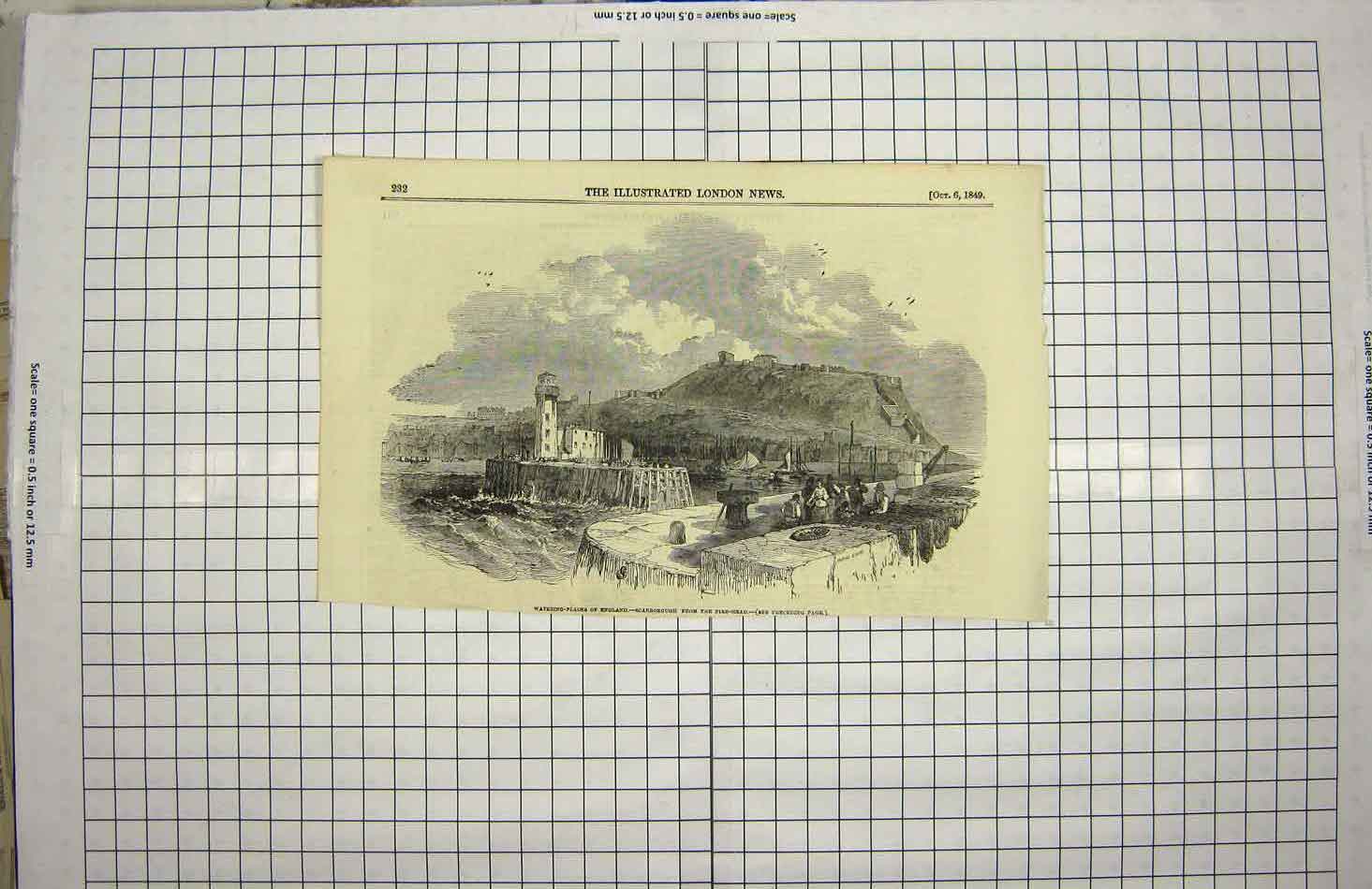 Original Old Antique Print 1849 View Scarborough Pier Head England Lighthouse