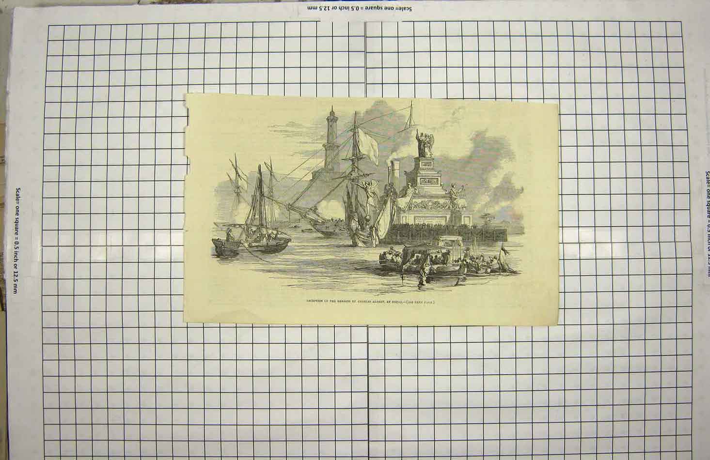 Original Old Antique Print 1849 Reception Remains Charles Albert Genoa Ship