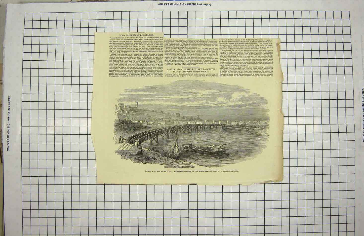 Old Antique Print 1849 Viaduct River Lune Lancaster Railway Poulton-Sands 19th