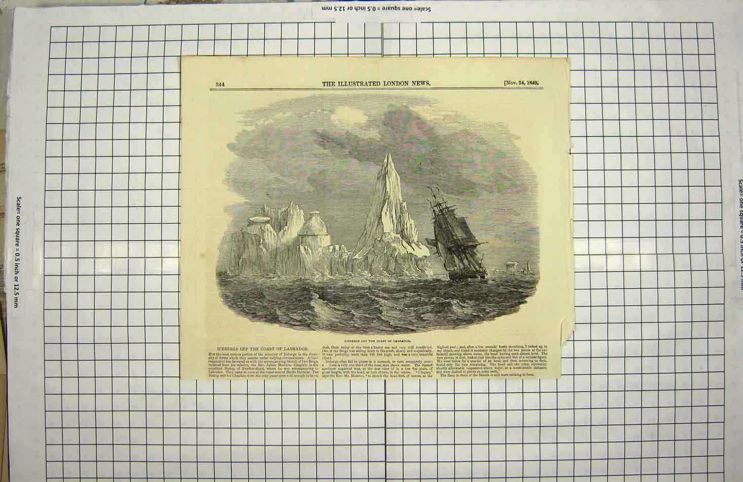 Original Old Antique Print 1849 Icebergs Coast Labrador Ships 19th