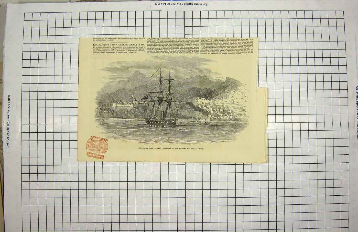 Old Antique Print 1849 Queen Steamer Ship Plumper Port Truxillo Honduras 19th