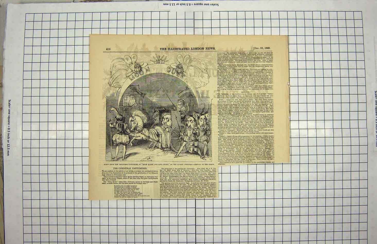 Old Antique Print 1849 Christmas Pantomime Moon Queen King Night Theatre 19th