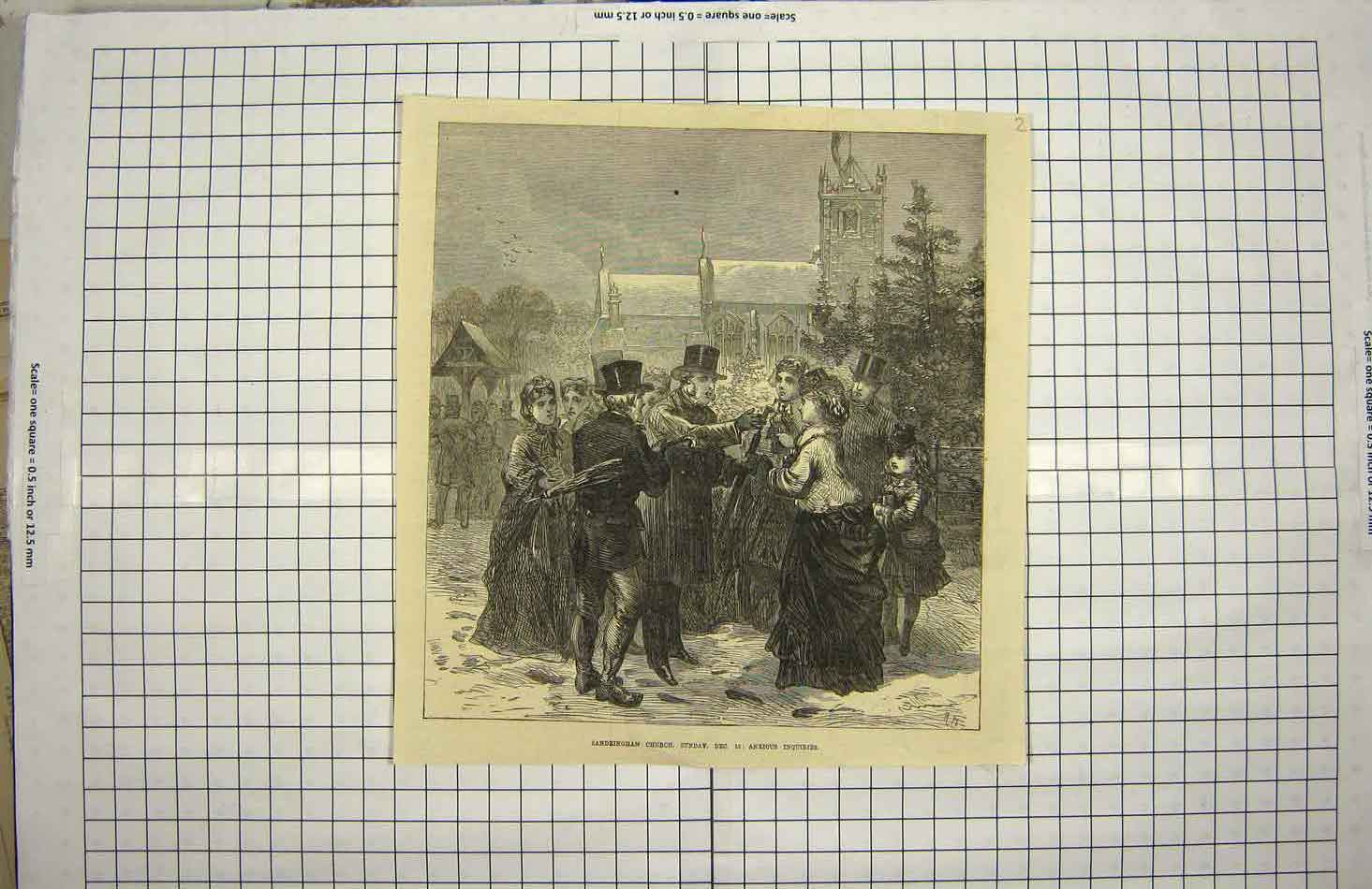 Original Old Antique Print 1849 Sandringham Church Family Winter Scene 19th