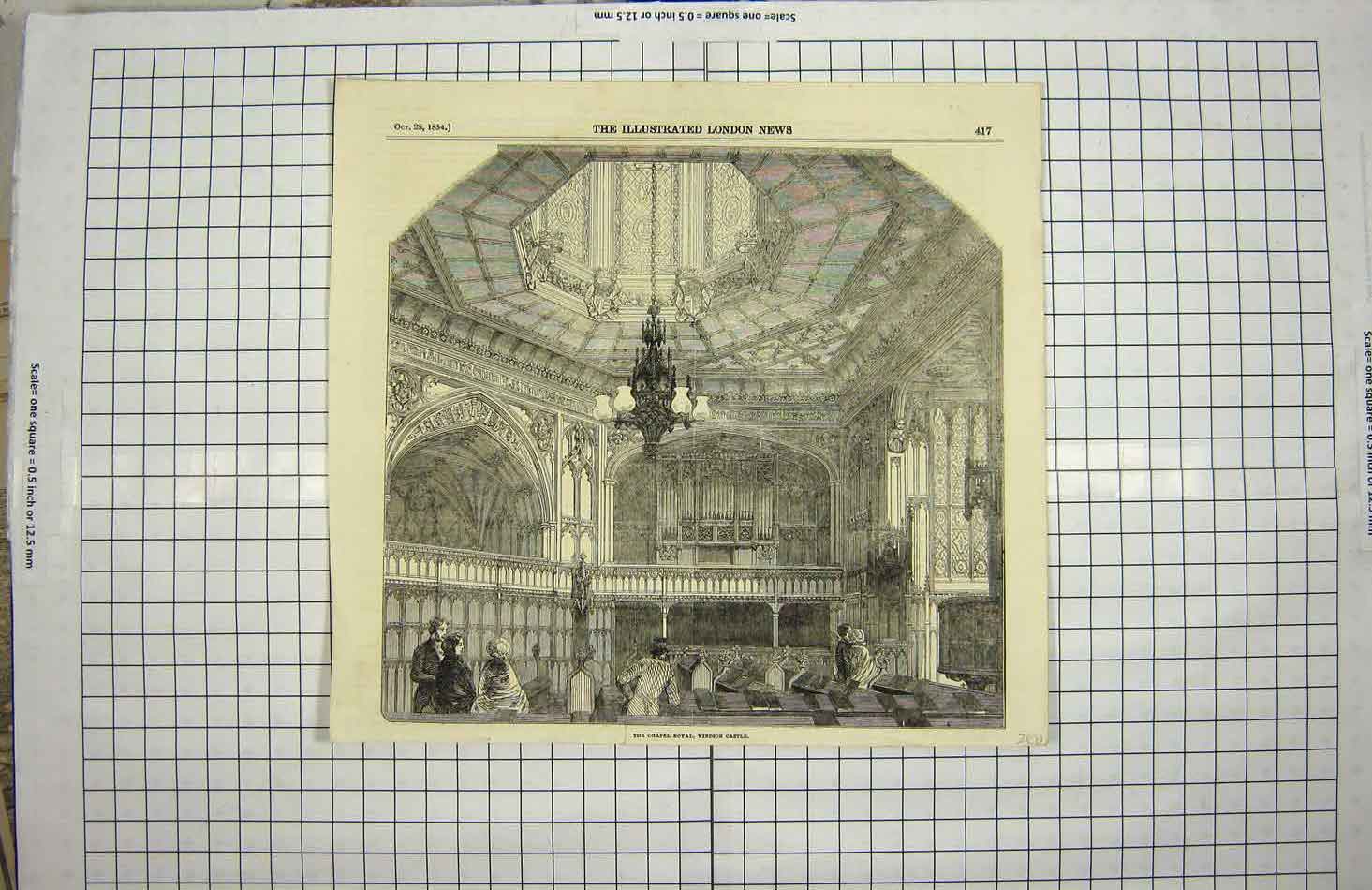Original Old Antique Print 1854 Chapel Royal Windsor Castle London England 19th