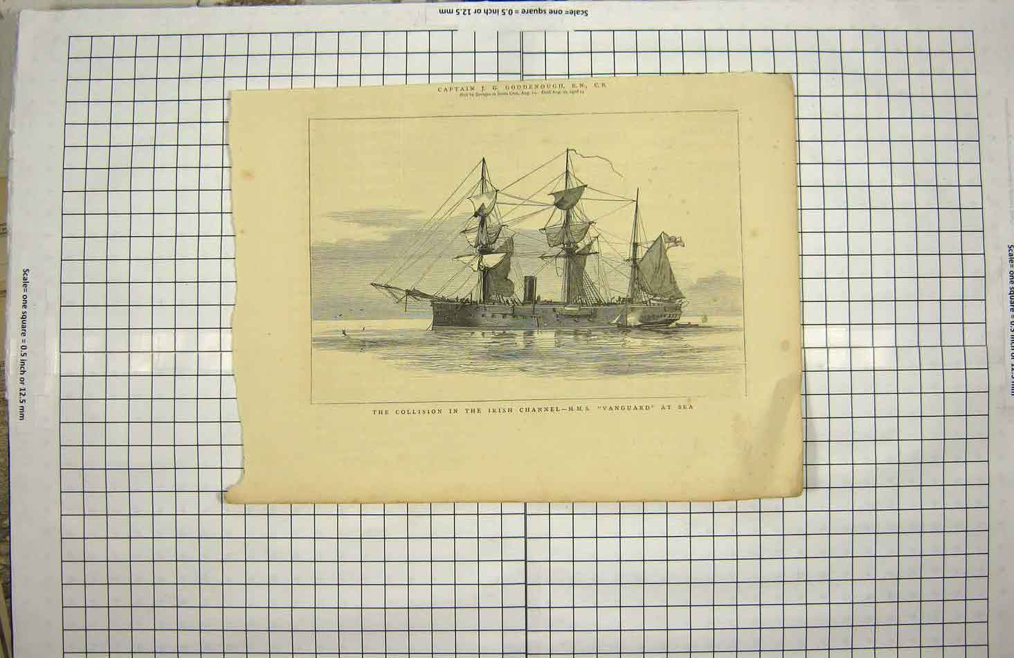 Original Old Antique Print Irish Channel Ships Collision Vanguard Goodenough