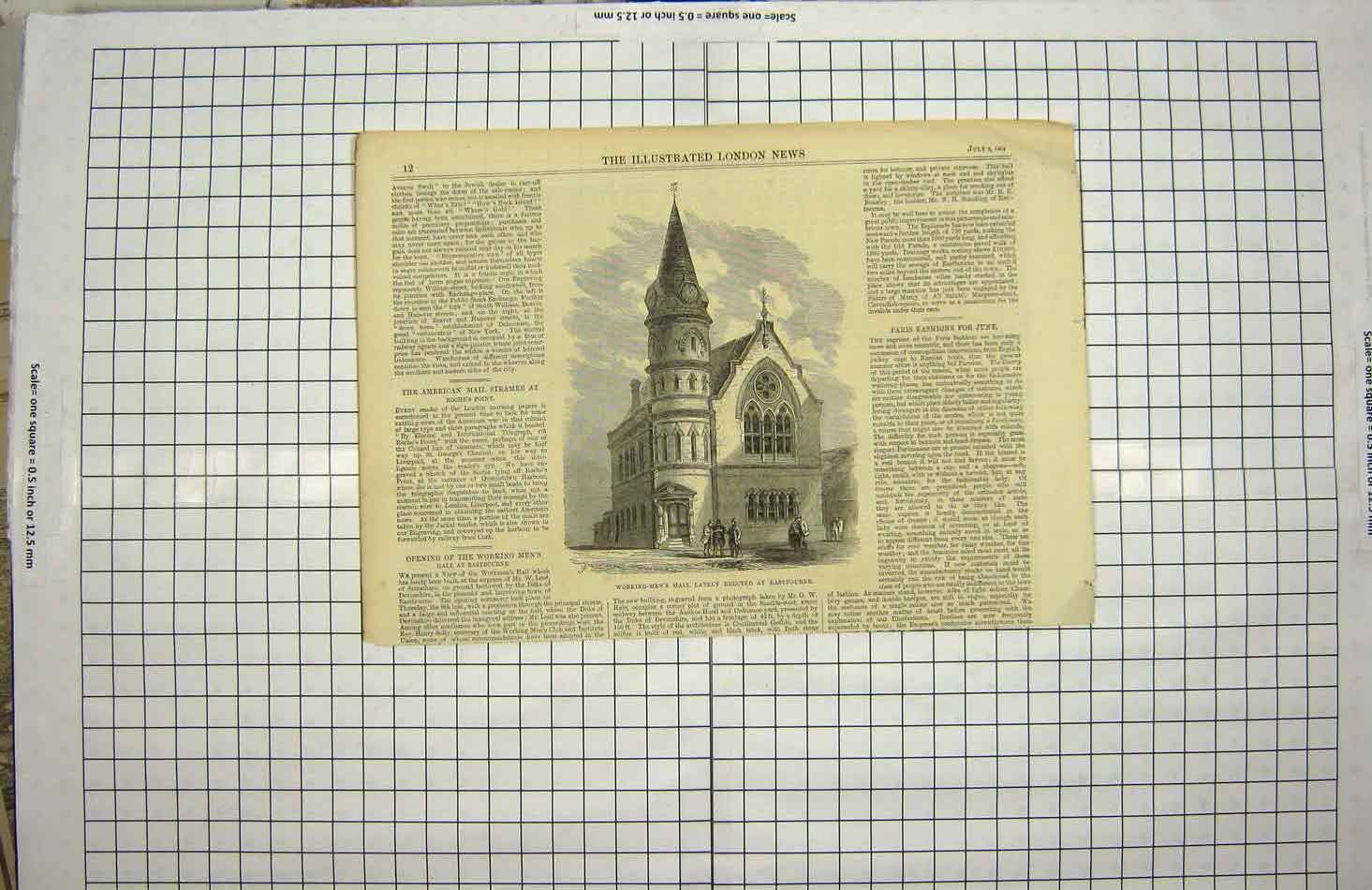 Original Old Antique Print 1864 Working-Mens Hall Eastbourne England Victorian