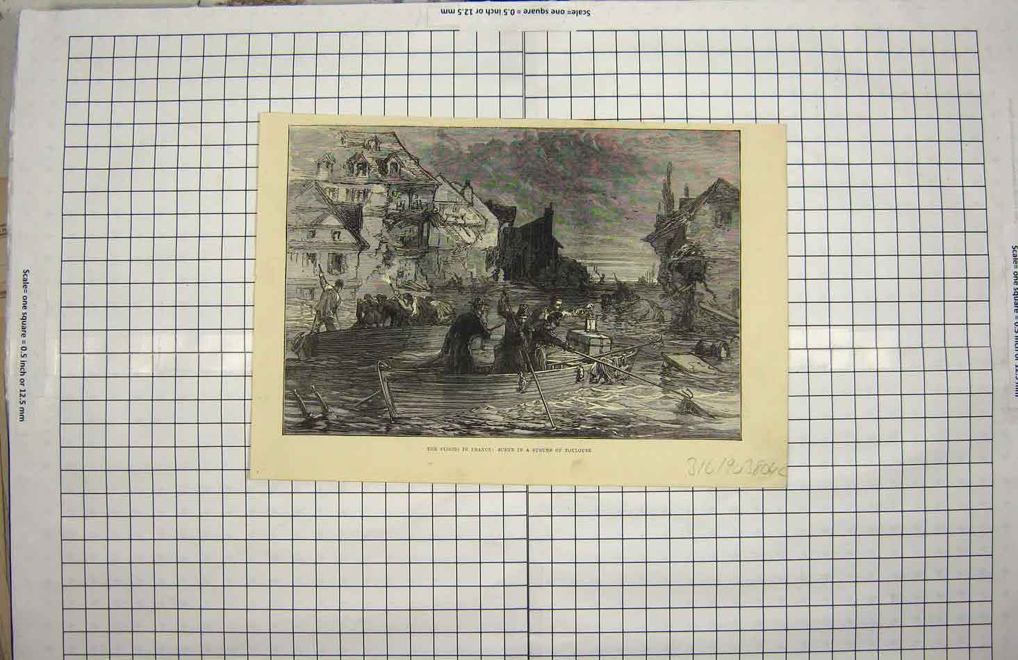 Original Old Antique Print Floods France Scene Suburb Toulouse River Boat