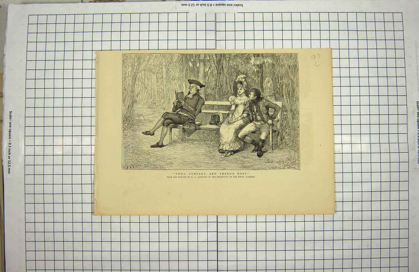 Original Old Antique Print Country Scene Romance Man Lady Bench Trees