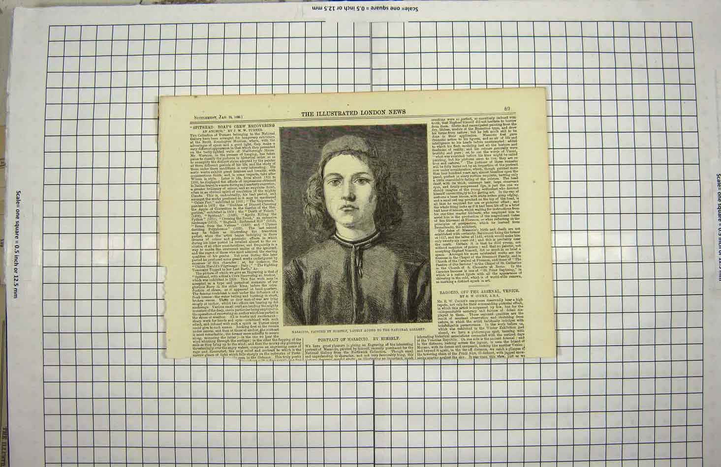 Original Old Antique Print 1860 Portrait Masaccio National Gallery Victorian