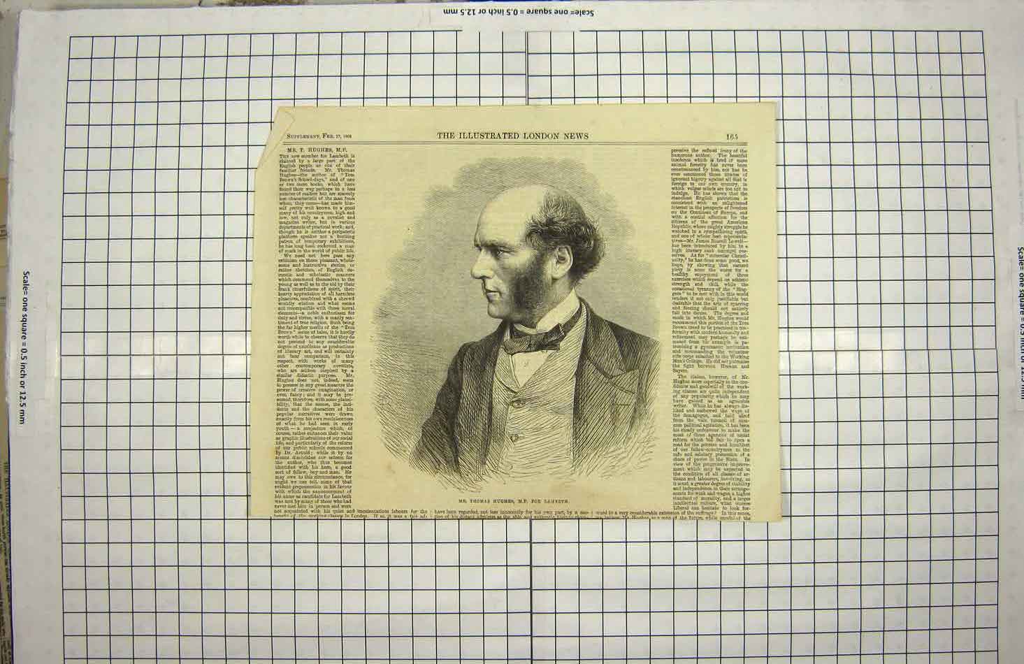 Original Old Antique Print 1866 Portrait Mr Thomas Hughes M.P. Lambeth 19th