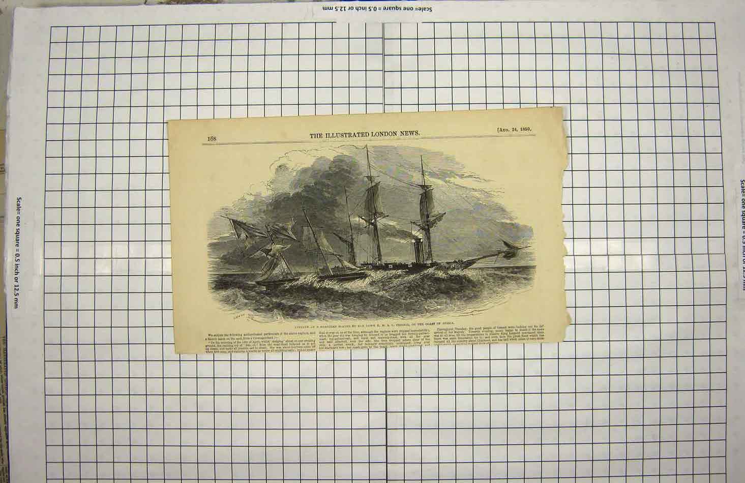 Original Old Antique Print 1850 Brazilian Slaver Ship H.M.S. Phoenix Africa