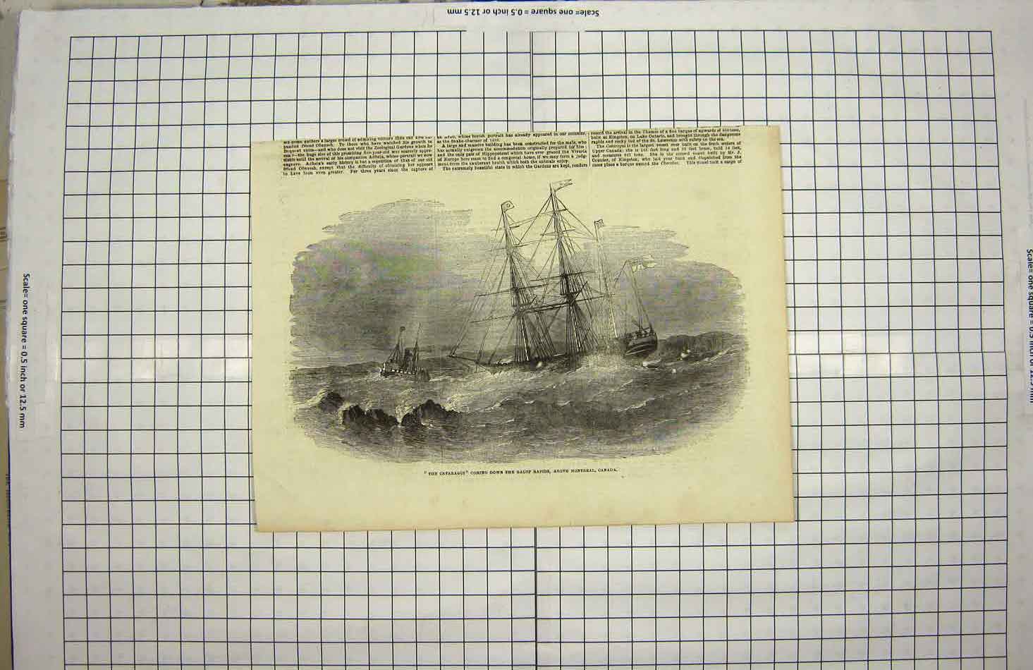 Original Old Antique Print Cataragui Galop Rapids Montreal Canada Ships