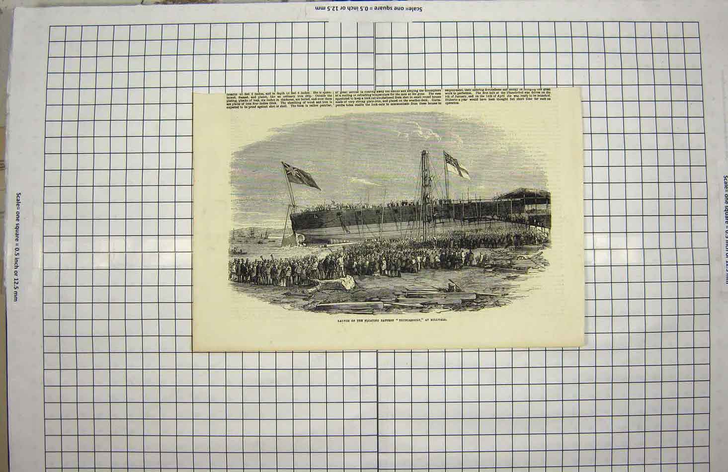 Original Old Antique Print Launch Floating Battery Thunderbolt Millwall Ship