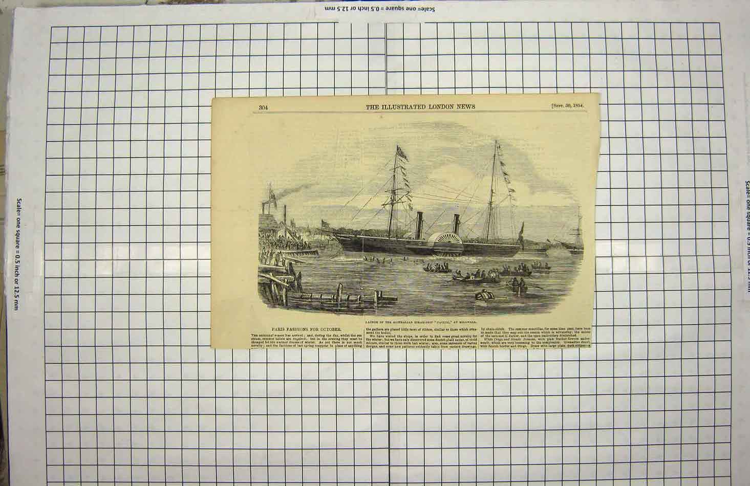 Original Old Antique Print 1854 Launch Australian Steam Ship Pacific Millwall