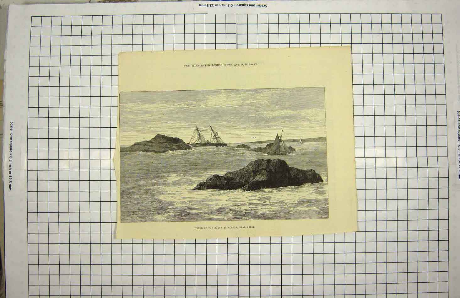 Original Old Antique Print 1875 Ship Wreck Boyne Molene Brest 19th