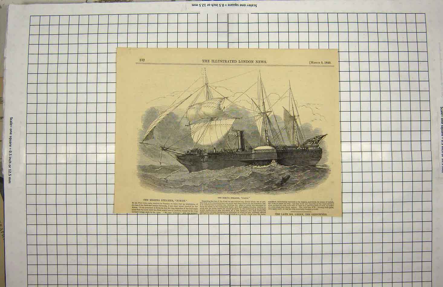 Original Old Antique Print 1849 Steamer Ship Forth West India Mail Bermuda 19th
