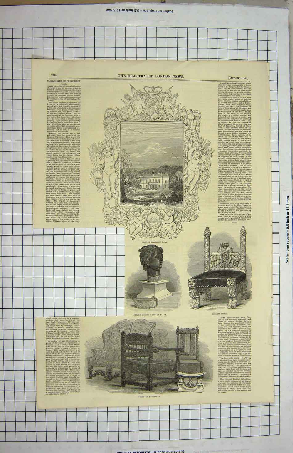 Original Old Antique Print 1849 Brockley Hall Bronze Head Diana Furniture Chair