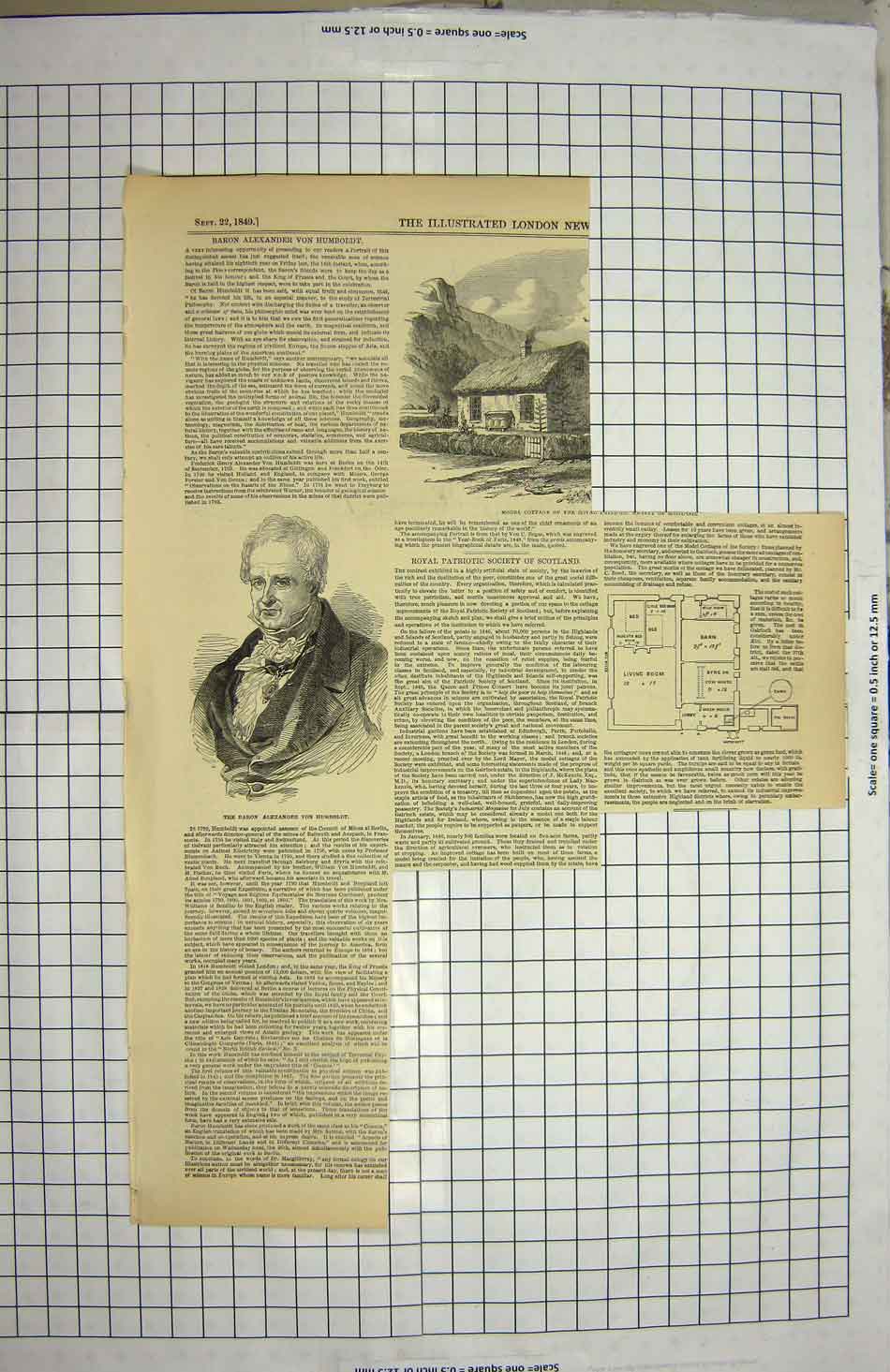 Original Old Antique Print 1849 Baron Alexander Humbt Cottage Scotland 19th