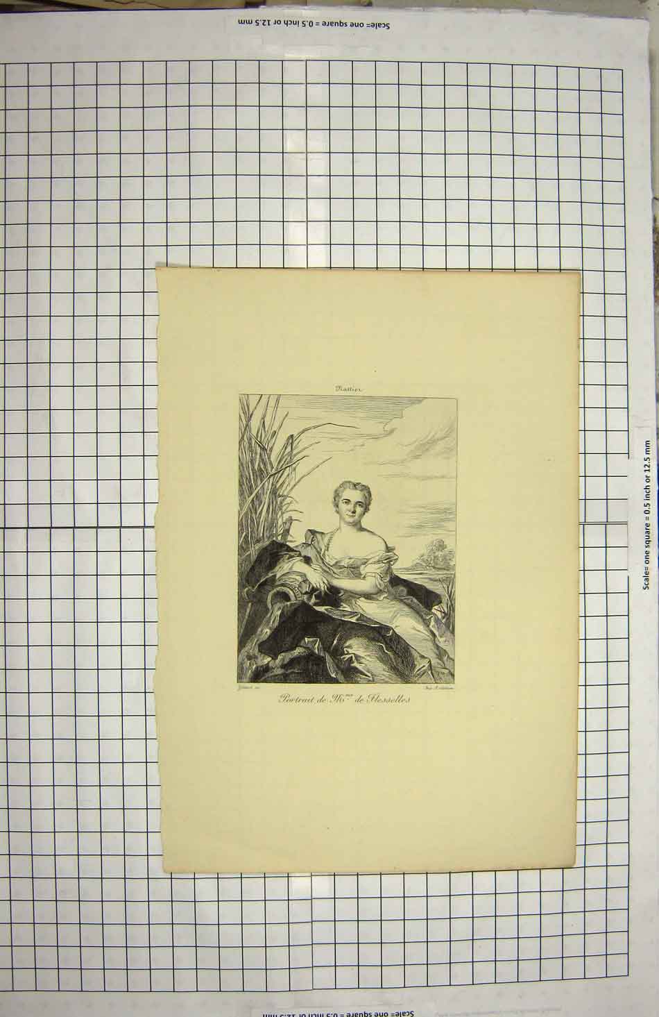 Original Old Antique Print Portrait Flesselles Lady Salmon Gilbert 20th Century