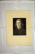 Original Old Antique Print Portrait Man Long Hair Flaming Engraving