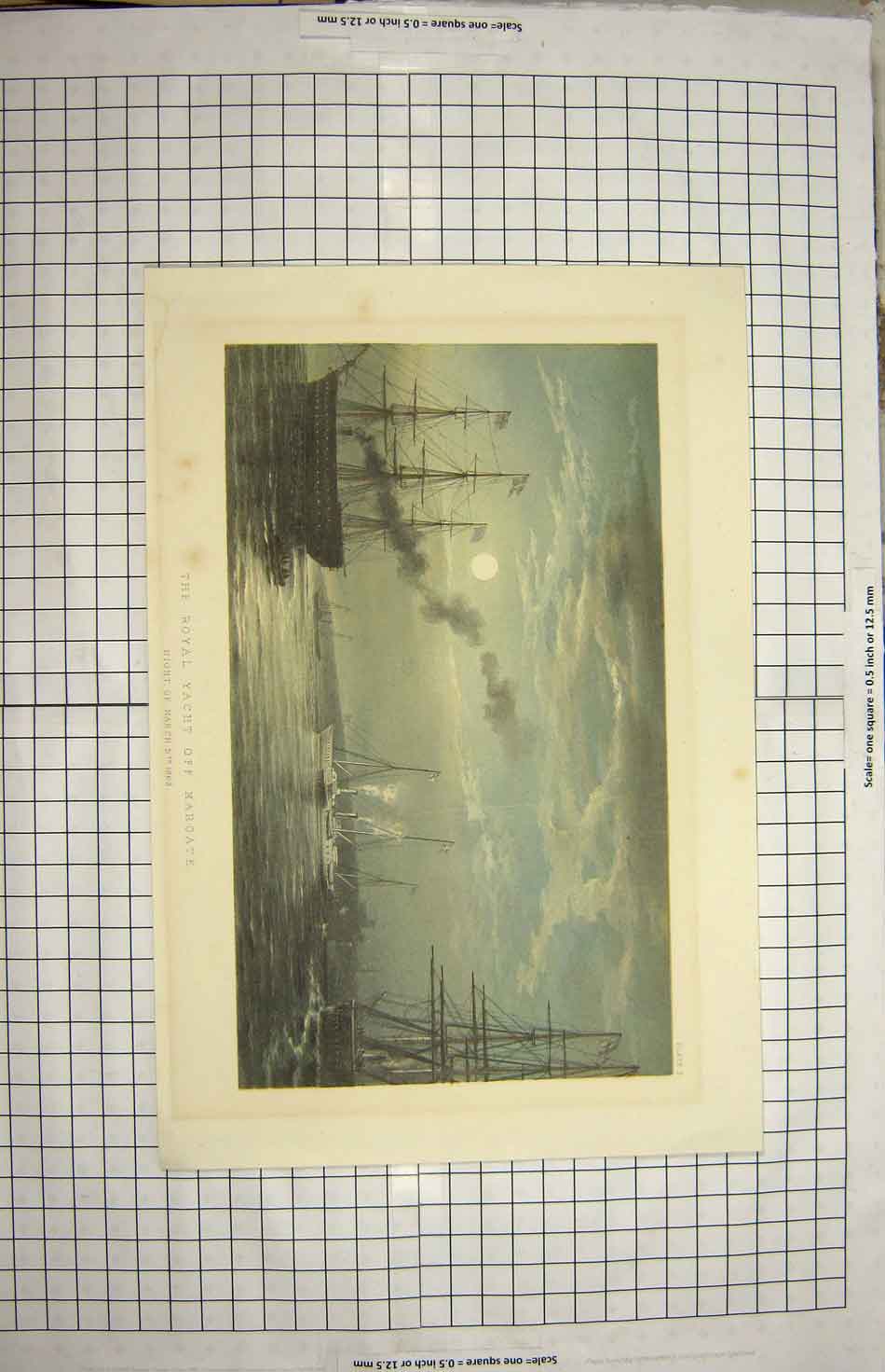 Original Old Antique Print 1863 Colour Royal Yacht Margate Ships Moonlight 19th
