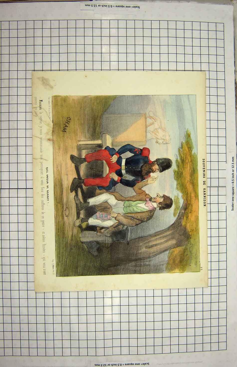 Original Old Antique Print Colour Siers Man Bench Scene