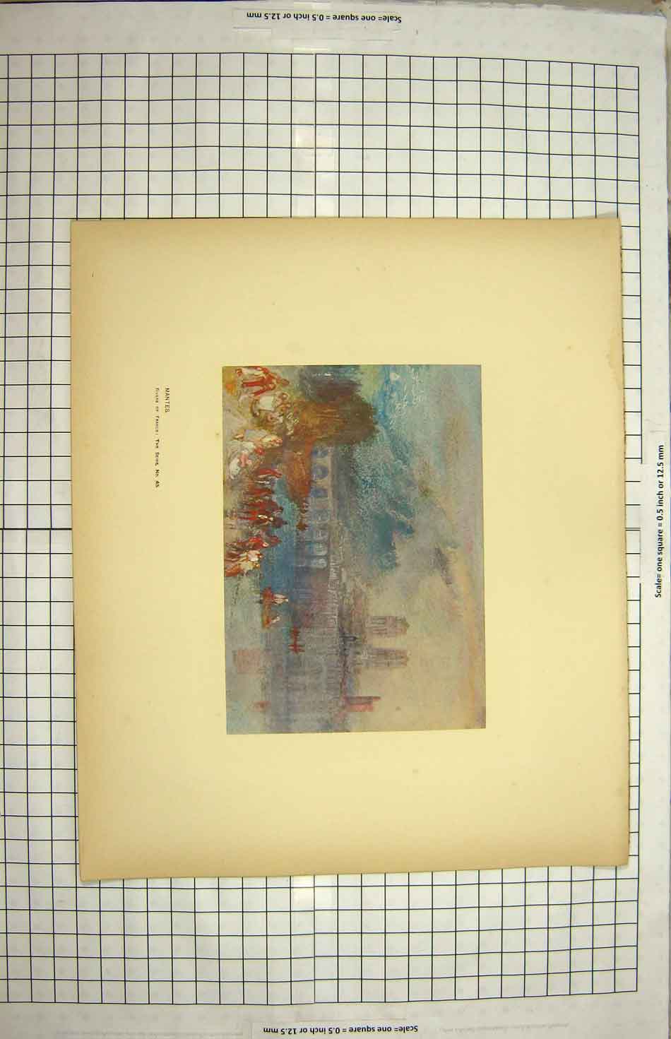 Original Old Antique Print Colour View Mantes France Rivr Seine