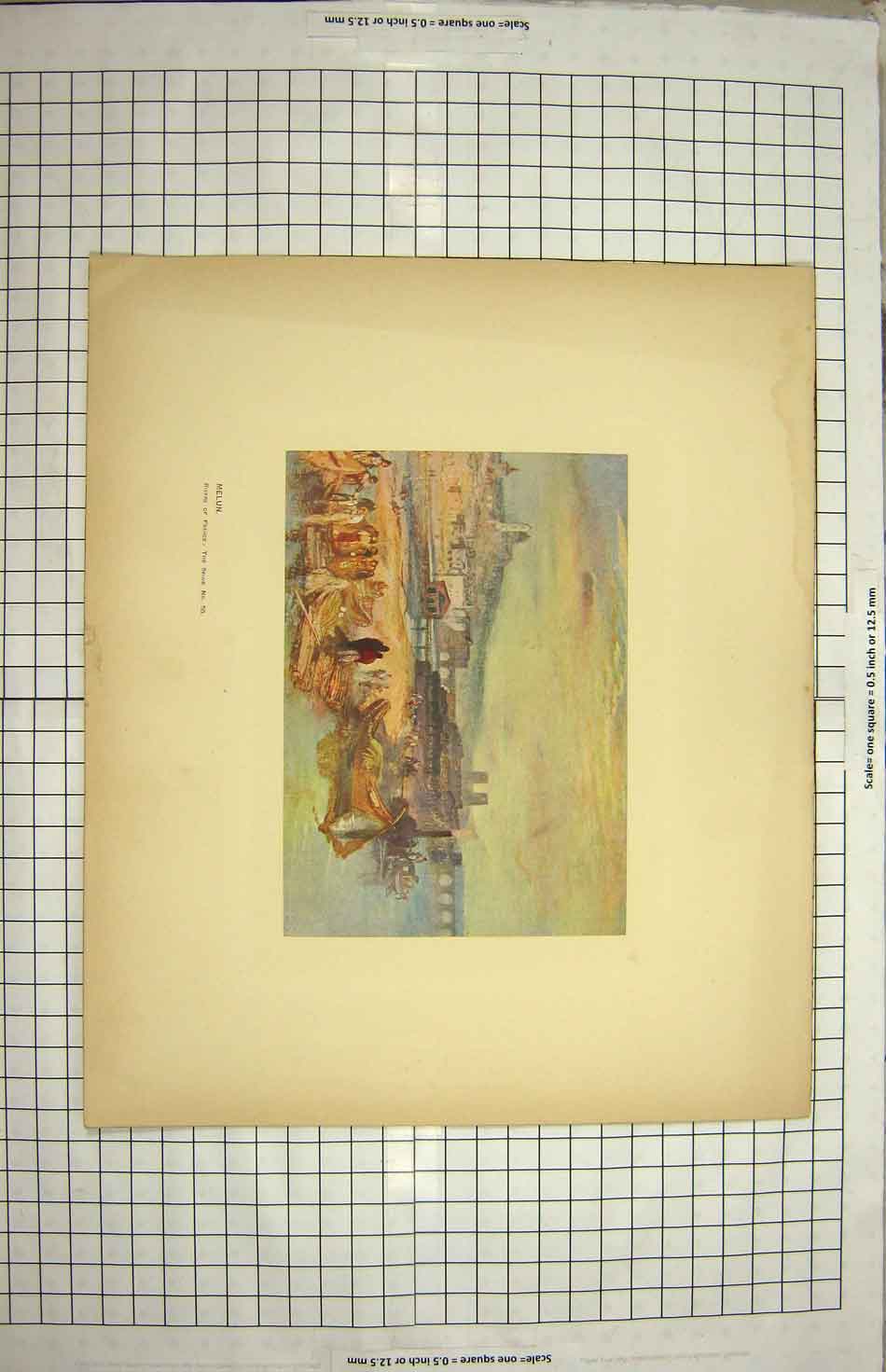 Original Old Antique Print Colour View Melun France River Seine Bridge 18th