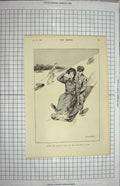 Original Old Antique Print Hounson Byles Man Lady Sledging Snow Winter 20th