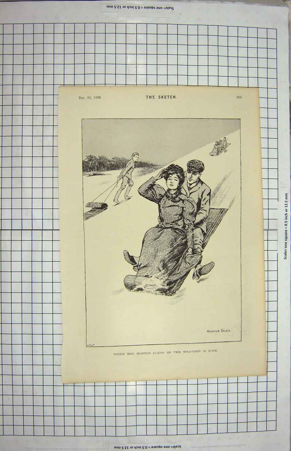 Original Old Antique Print Hounson Byles Man Lady Sledging Snow Winter 20th