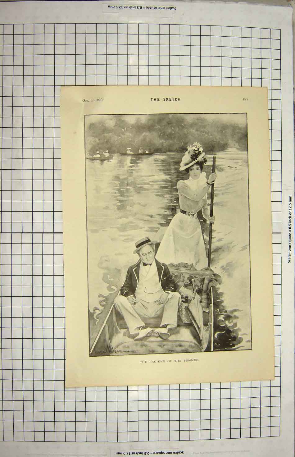 Original Old Antique Print 1900 Wilson Man Lady River Boat Romance Victorian