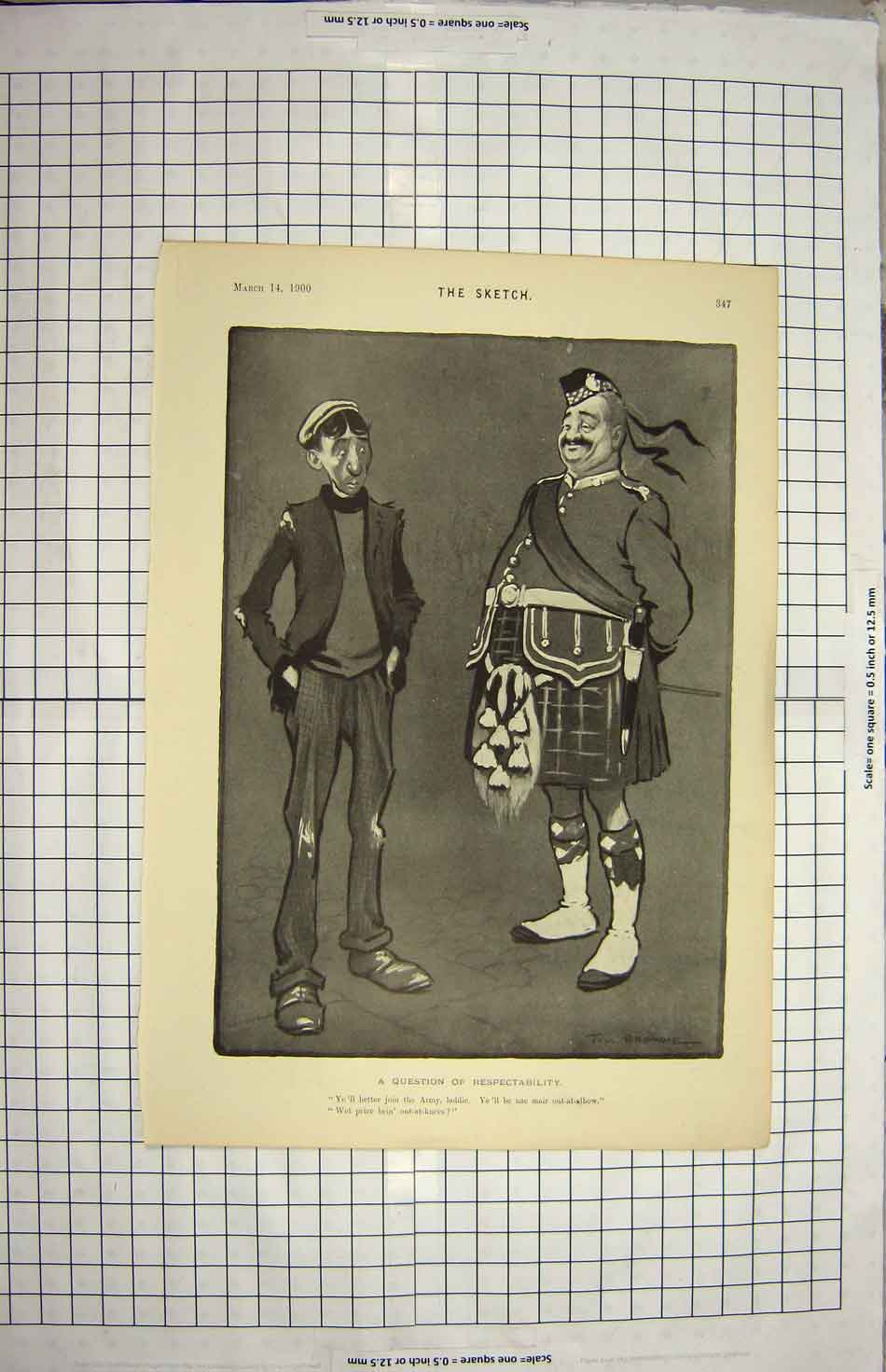 Original Old Antique Print 1900 Tom Browne Drawing Scottish Highlander Poor Man