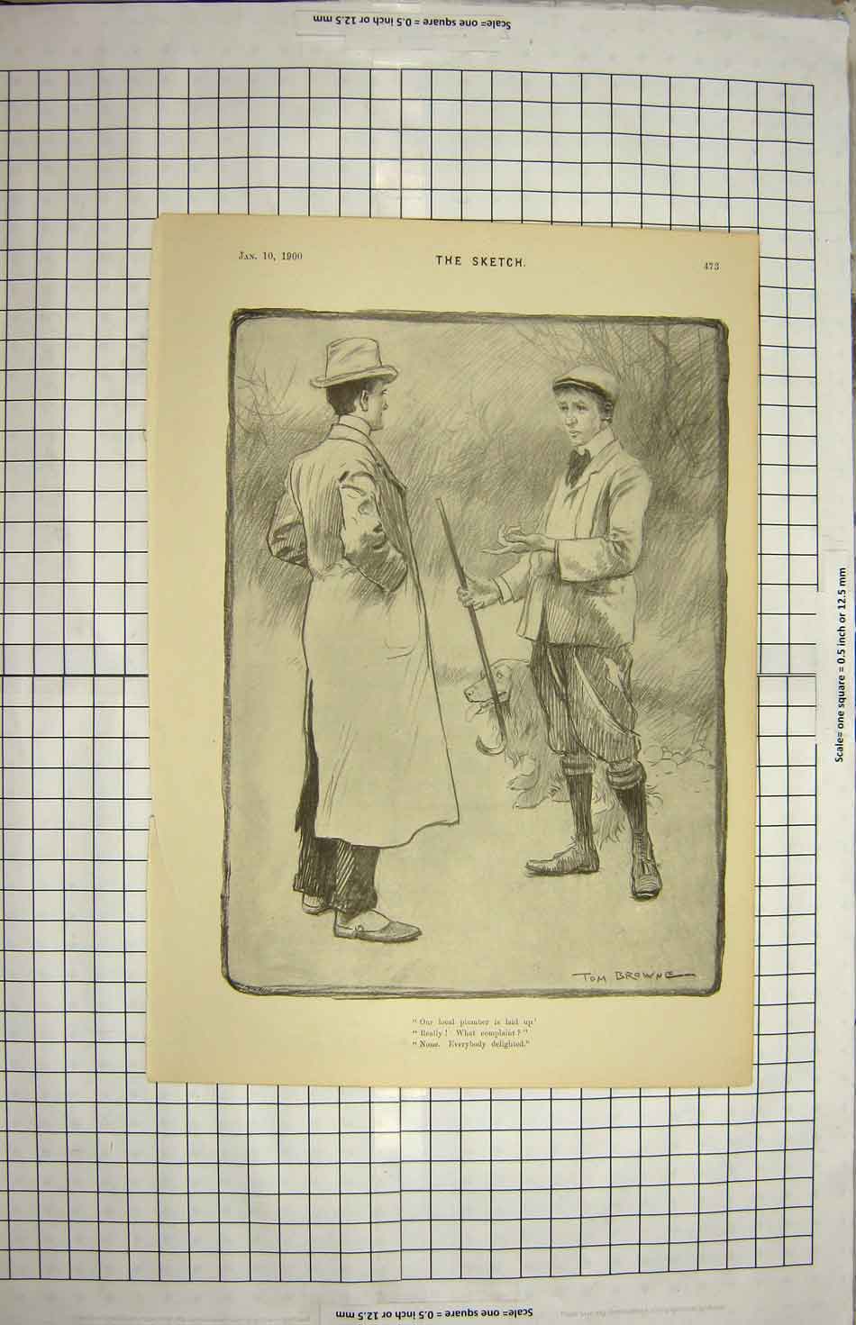 Original Old Antique Print 1900 Tom Browne Drawing Hunting Man Dog Victorian