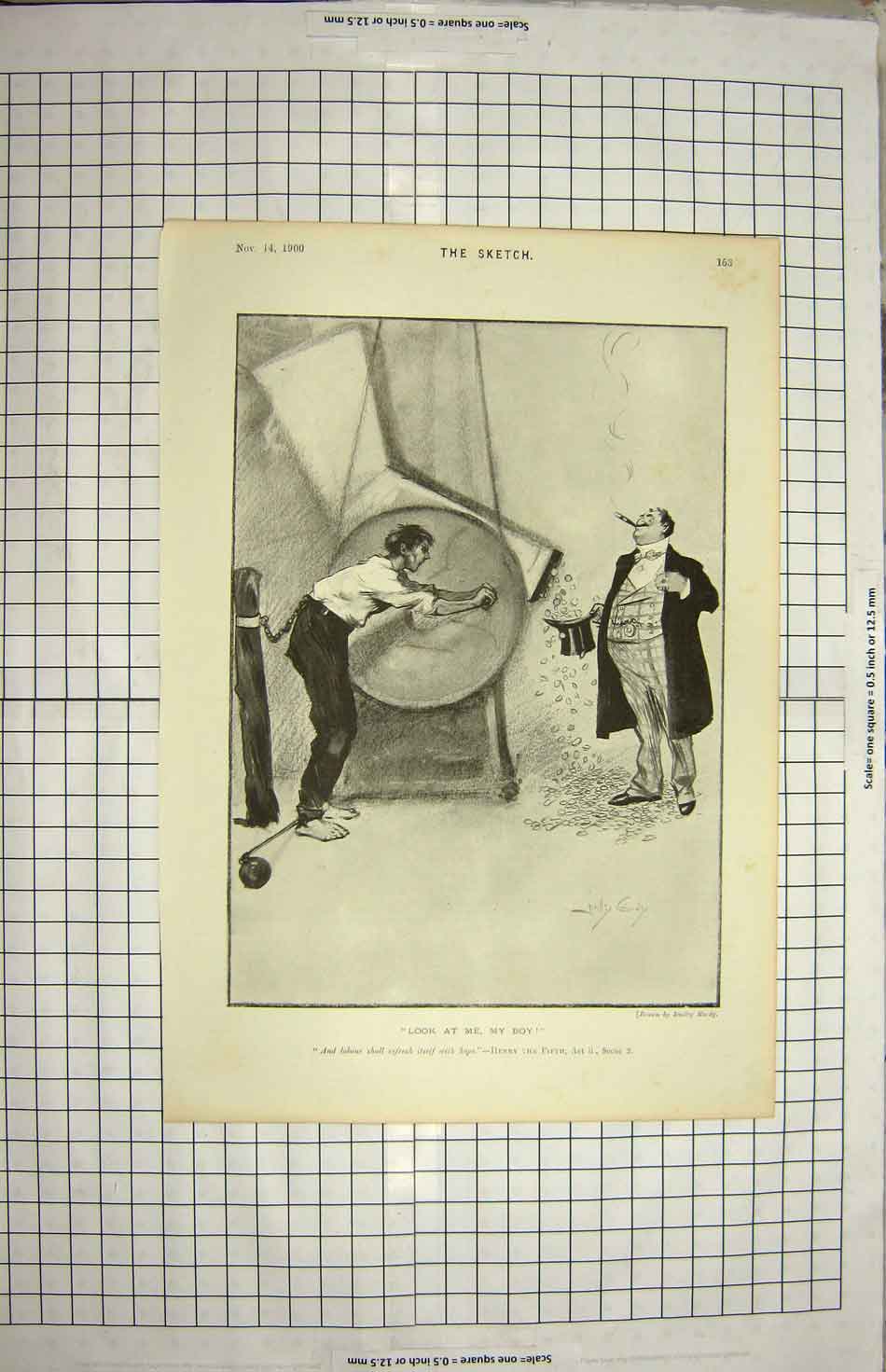 Original Old Antique Print 1900 Theatre Scene Prisoner Man Top Hat Smoking 20th