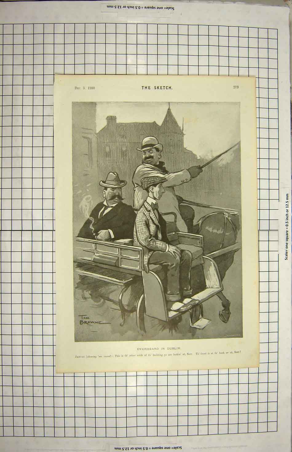 Original Old Antique Print 1900 Tom Browne Drawing Men Coach Dublin Ireland