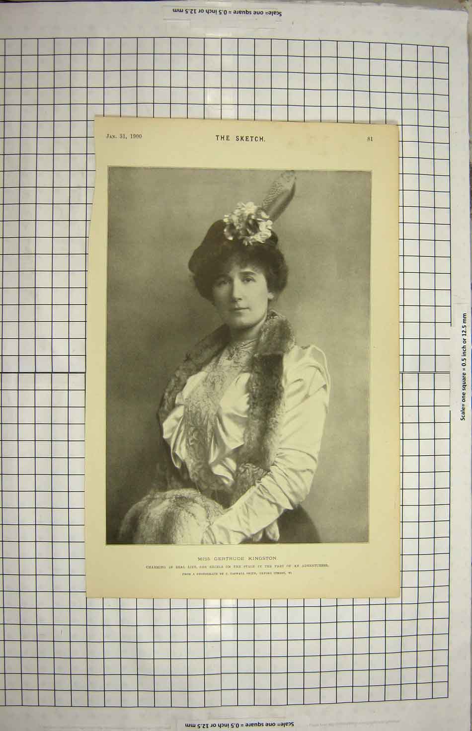 Original Old Antique Print 1900 Miss Gertrude Kingston Theatre Actress 20th