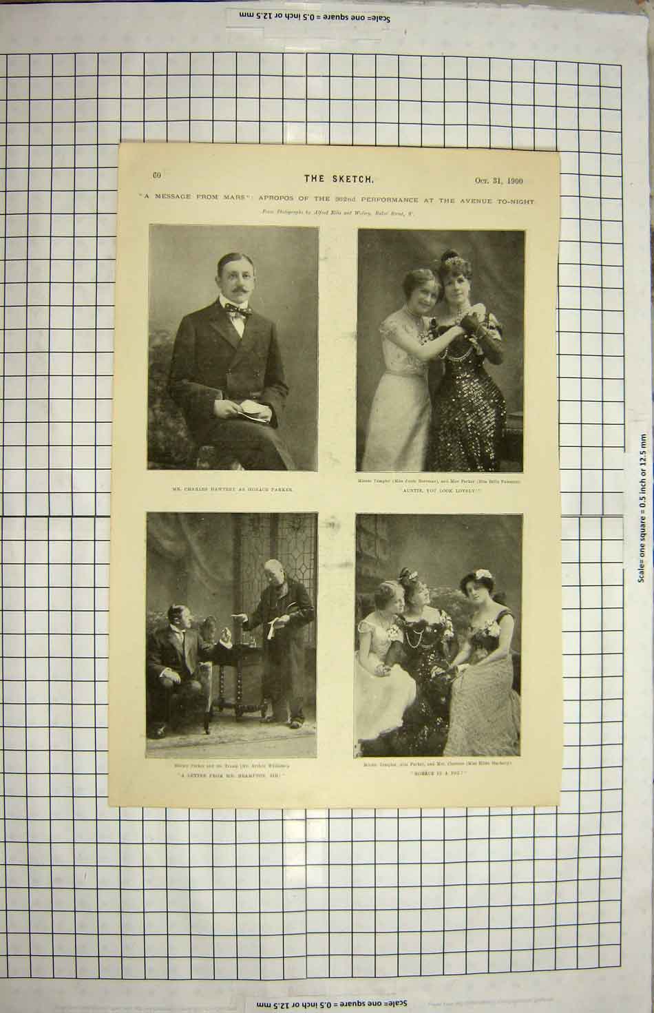 Old Antique Print 1900 Message Mars Theatre Parker Horace Taylor Rapson 20th