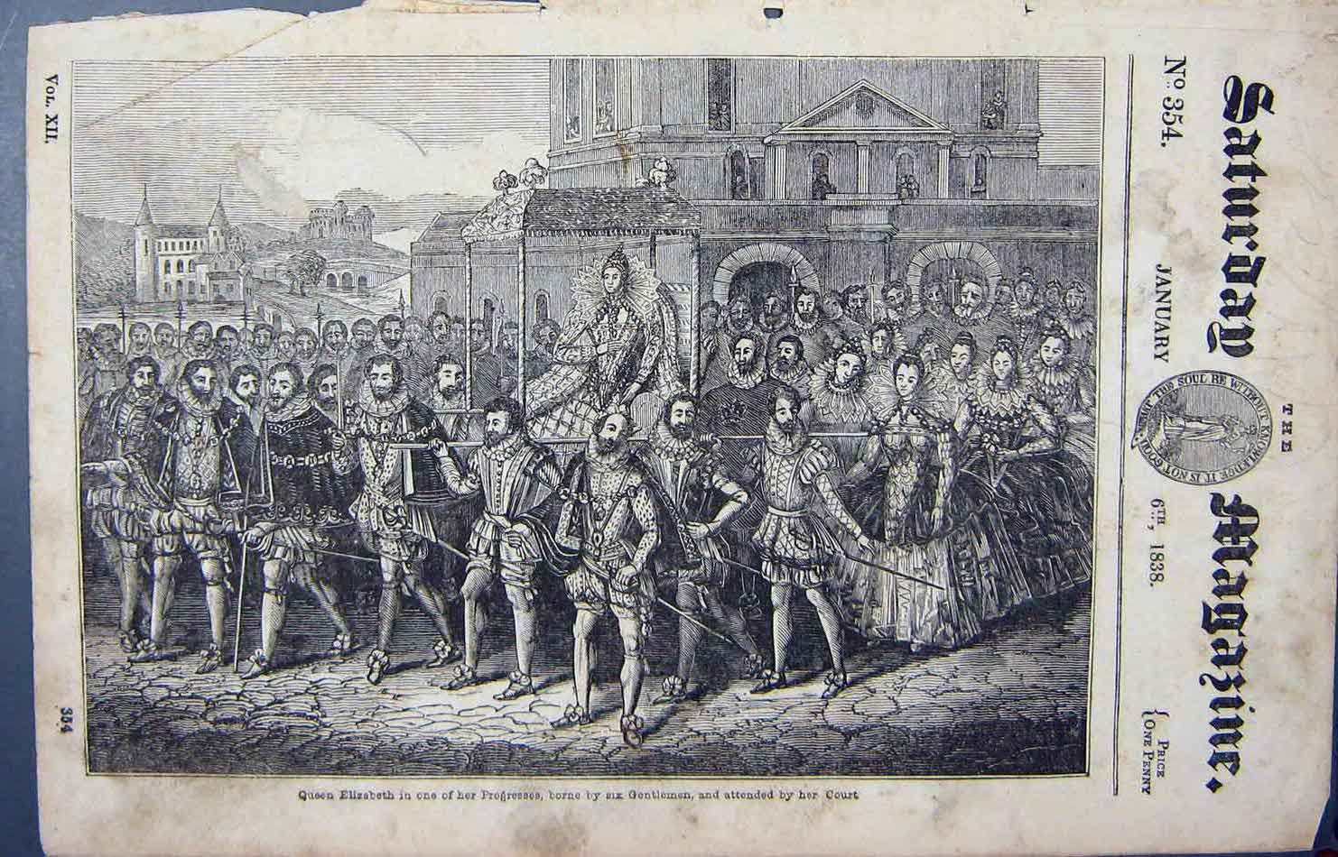 Original Old Antique Print 1838 Queen Elizabeth England Progresses Court 19th