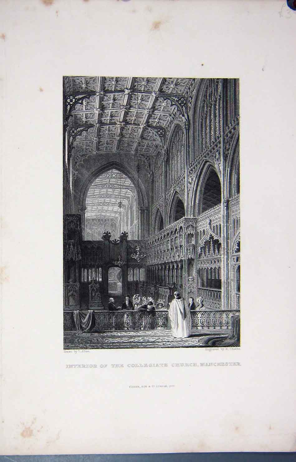 Original Old Antique Print Interior Collegiate Church Manchester Allom 1849